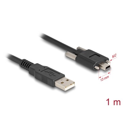 Delock USB 2.0 Cable Type-A male to Type Mini-B male with screw distance 13 mm 1 m black