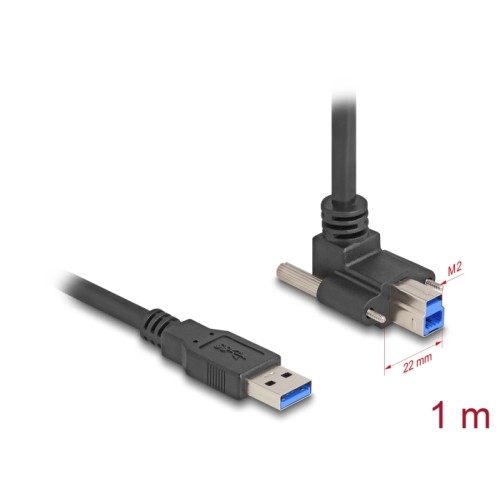 Delock USB 5 Gbps Cable USB Type-A male straight to USB Type-B male with screw distance 22 mm 90° upwards angled 1 m black