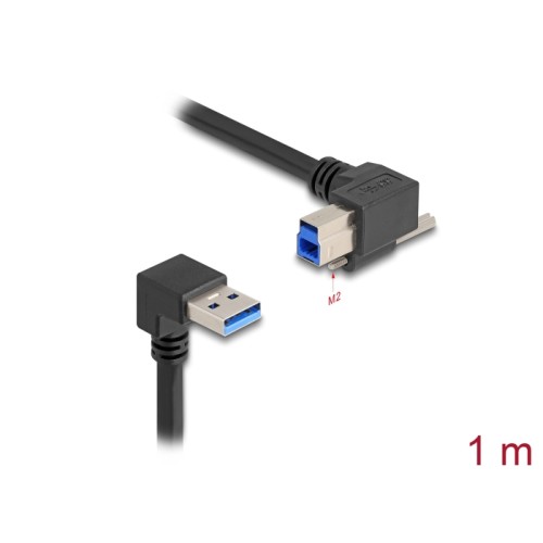 Delock USB 5 Gbps Cable USB Type-A male 90° downwards angled to USB Type-B male with screw 90° right angled 1 m black