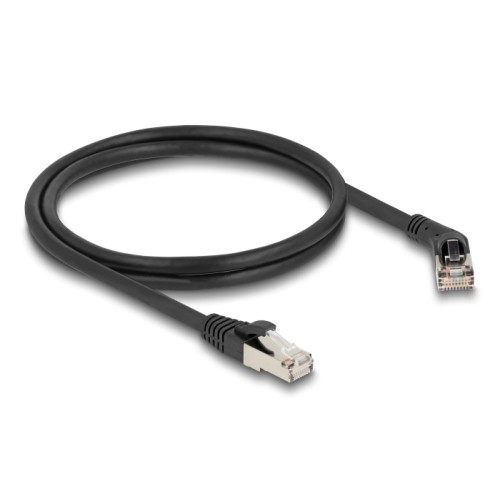 Delock RJ45 Network Cable Cat.6A S/FTP plug 45° right angled to plug straight 1 m black