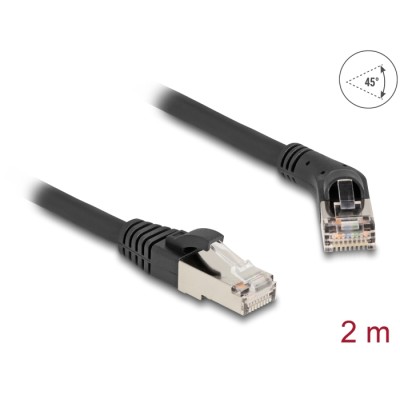 Delock RJ45 Network Cable Cat.6A S/FTP plug 45° right angled to plug straight 2 m black