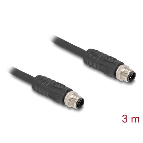 Delock M12 Cable L-coded 4 pin male to male PUR suitable for drag chains 3 m black