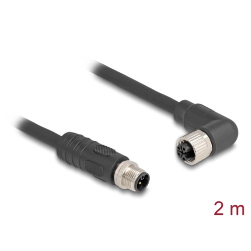 Delock M12 Cable L-coded 4 pin male straight to female right angled PUR suitable for drag chains 2 m black