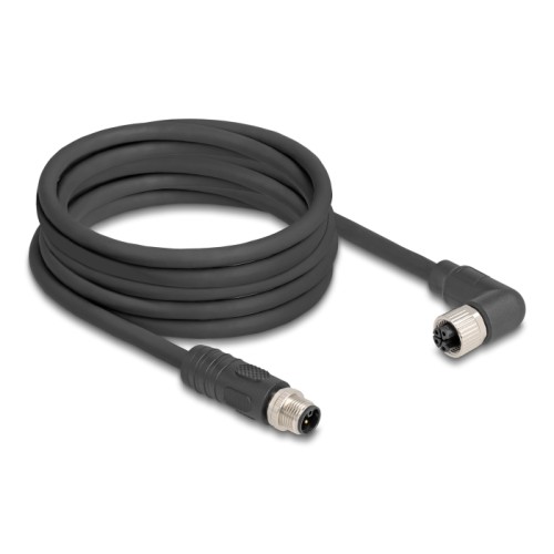 Delock M12 Cable L-coded 4 pin male straight to female right angled PUR suitable for drag chains 5 m black