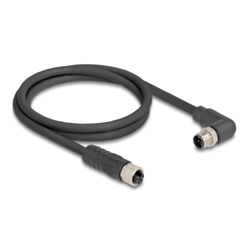 Delock M12 Cable L-coded 4 pin male right angled to female straight PUR suitable for drag chains 1 m black