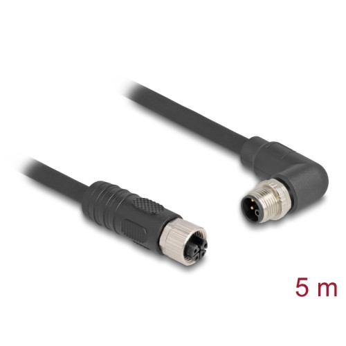 Delock M12 Cable L-coded 4 pin male right angled to female straight PUR suitable for drag chains 5 m black