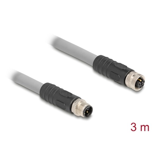 Delock M12 Cable L-coded 5 pin male to female PUR suitable for drag chains 3 m grey