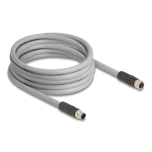 Delock M12 Cable L-coded 5 pin male to female PUR suitable for drag chains 5 m grey