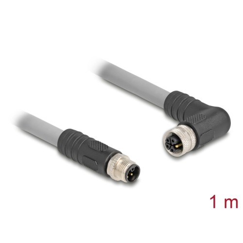 Delock M12 Cable L-coded 5 pin male straight to female right angled PUR suitable for drag chains 1 m grey
