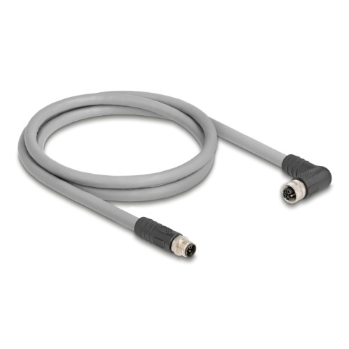 Delock M12 Cable L-coded 5 pin male straight to female right angled PUR suitable for drag chains 1 m grey
