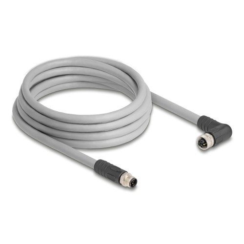 Delock M12 Cable L-coded 5 pin male straight to female right angled PUR suitable for drag chains 3 m grey