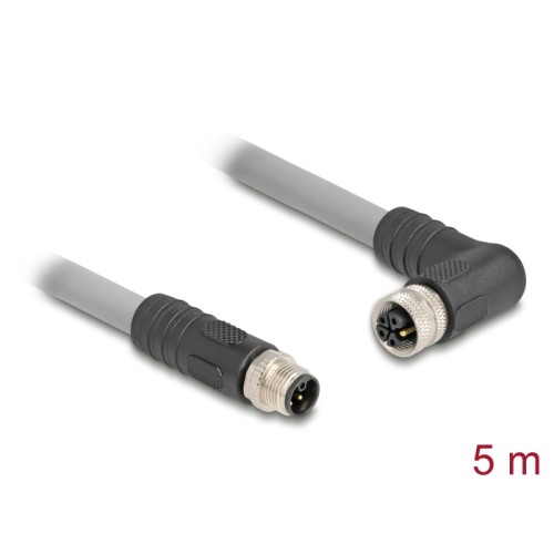 Delock M12 Cable L-coded 5 pin male straight to female right angled PUR suitable for drag chains 5 m grey