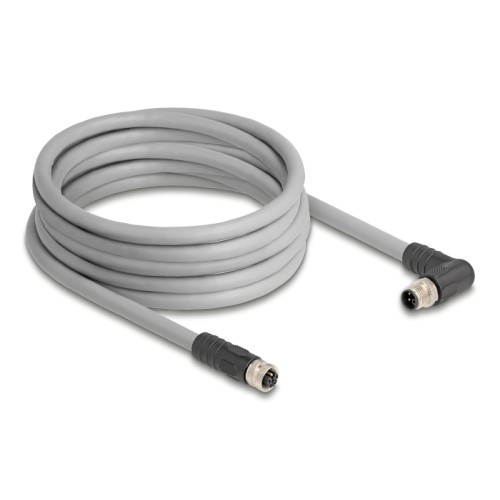 Delock M12 Cable L-coded 5 pin male right angled to female straight PUR suitable for drag chains 5 m grey