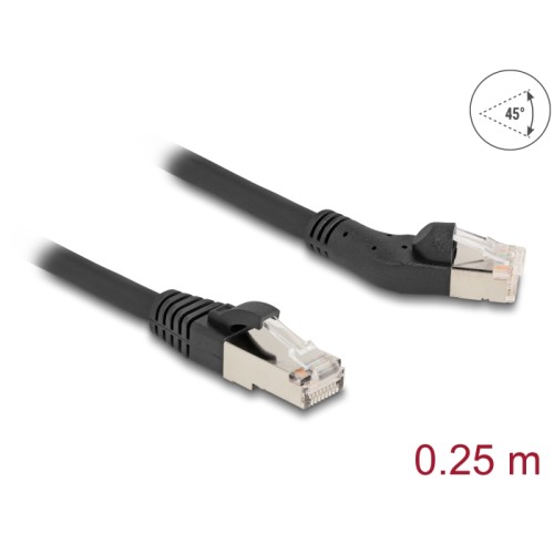 Delock RJ45 Network Cable Cat.6A S/FTP plug 45° left angled to plug straight 0.25 m black
