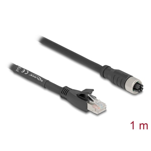 Delock M12 Cable X-coded 8 pin female to RJ45 plug Cat.5e S/FTP flexible 1 m black