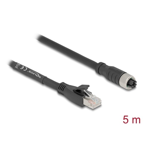 Delock M12 Cable X-coded 8 pin female to RJ45 plug Cat.5e S/FTP flexible 5 m black