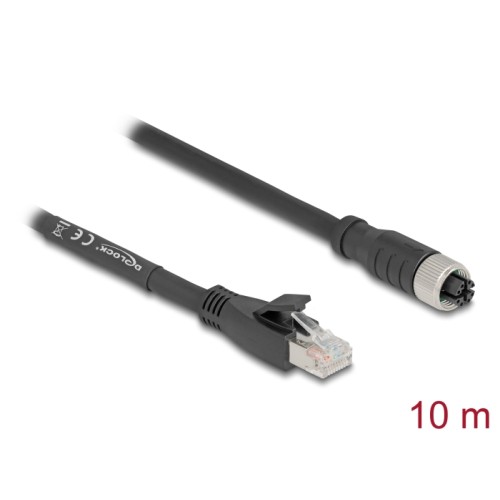 Delock M12 Cable X-coded 8 pin female to RJ45 plug Cat.5e S/FTP flexible 10 m black