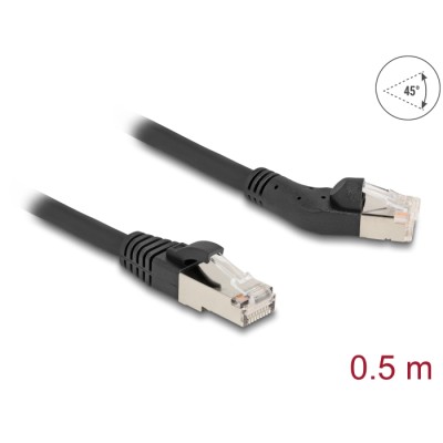 Delock RJ45 Network Cable Cat.6A S/FTP plug 45° left angled to plug straight 0.5 m black