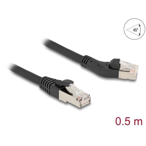 Delock RJ45 Network Cable Cat.6A S/FTP plug 45° left angled to plug straight 0.5 m black