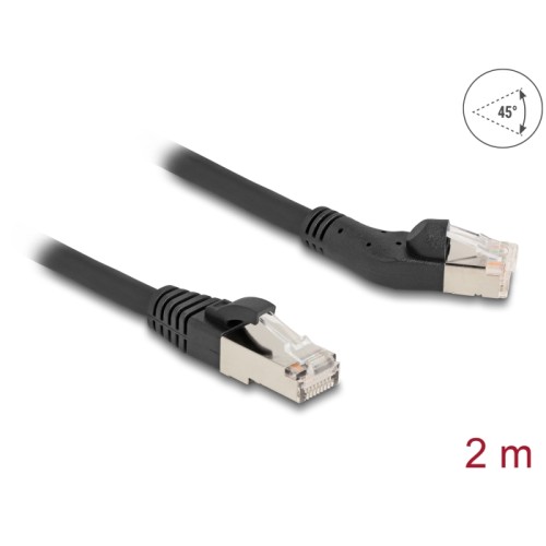 Delock RJ45 Network Cable Cat.6A S/FTP plug 45° left angled to plug straight 2 m black