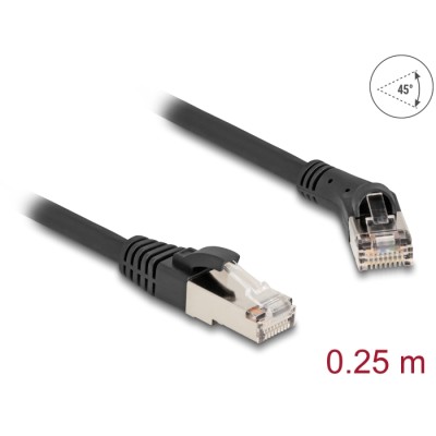 Delock RJ45 Network Cable Cat.8.1 S/FTP plug 45° right angled to plug straight up to 40 Gbps 0.25 m black