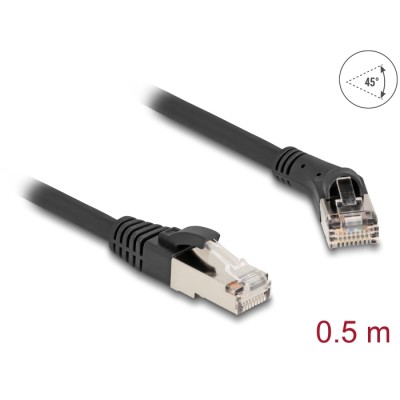 Delock RJ45 Network Cable Cat.8.1 S/FTP plug 45° right angled to plug straight up to 40 Gbps 0.5 m black