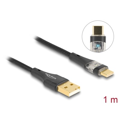 Delock USB 2.0 Cable Type-A male to USB Type-C™ male with Fast Charging 60 W transparent 1 m