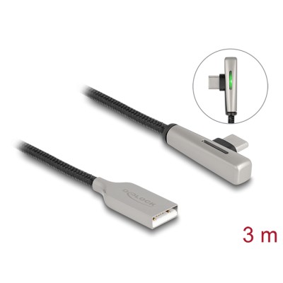 Delock USB 2.0 Cable Type-A male to USB Type-C™ male angled with LED and Fast Charging 60 W 3 m