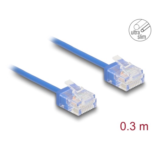 Delock RJ45 Network Cable Cat.6 UTP Ultra Slim 0.3 m blue with short plugs
