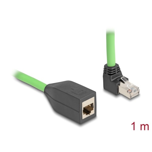 Delock RJ45 Network Extension Cable Cat.6A plug upwards angled to jack SF/UTP suitable for drag chains PUR (TPU) 1 m green
