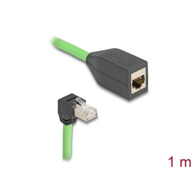 Delock RJ45 Network Extension Cable Cat.6A plug downwards angled to jack SF/UTP suitable for drag chains PUR (TPU) 1 m green