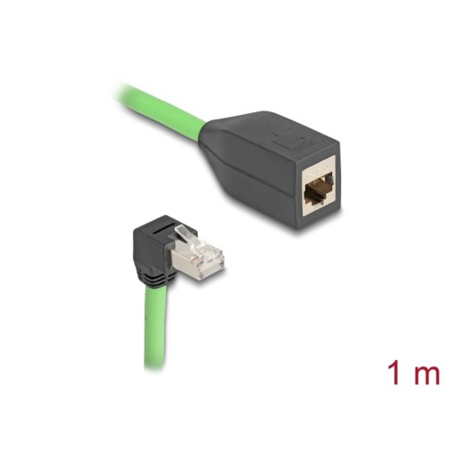 Delock RJ45 Network Extension Cable Cat.6A plug downwards angled to jack SF/UTP suitable for drag chains PUR (TPU) 1 m green