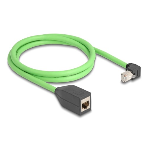 Delock RJ45 Network Extension Cable Cat.6A plug downwards angled to jack SF/UTP suitable for drag chains PUR (TPU) 1 m green
