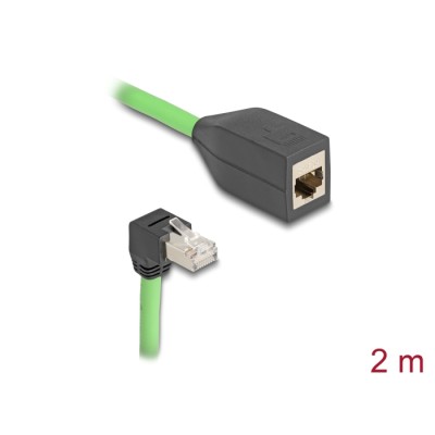 Delock RJ45 Network Extension Cable Cat.6A plug downwards angled to jack SF/UTP suitable for drag chains PUR (TPU) 2 m green