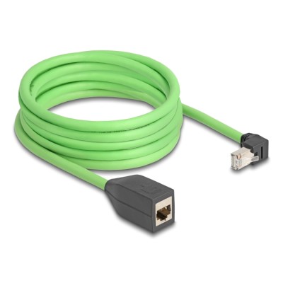 Delock RJ45 Network Extension Cable Cat.6A plug downwards angled to jack SF/UTP suitable for drag chains PUR (TPU) 5 m green 2