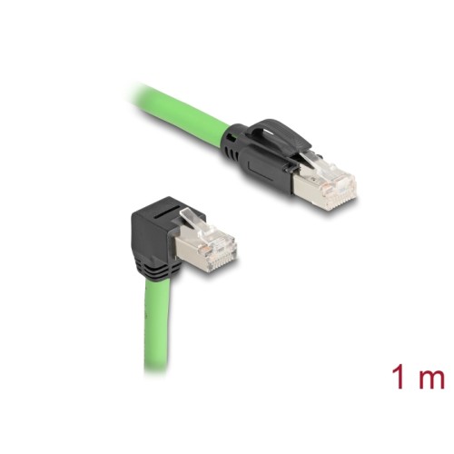 Delock RJ45 Network Cable Cat.6A plug to plug downwards angled SF/UTP suitable for drag chains PUR (TPU) 1 m green