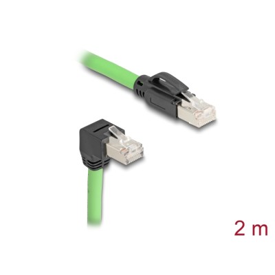 Delock RJ45 Network Cable Cat.6A plug to plug downwards angled SF/UTP suitable for drag chains PUR (TPU) 2 m green