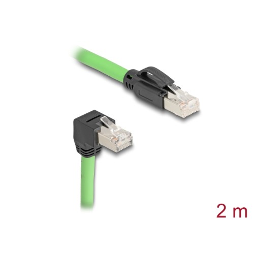 Delock RJ45 Network Cable Cat.6A plug to plug downwards angled SF/UTP suitable for drag chains PUR (TPU) 2 m green