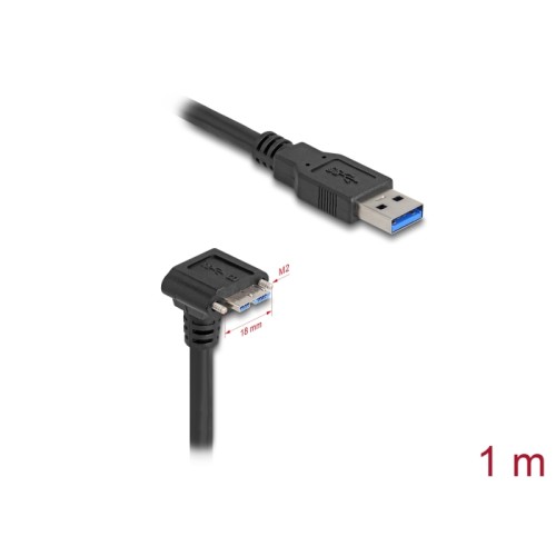 Delock USB 5 Gbps Cable USB Type-A male straight to USB Micro-B male 90° downwards angled with screw distance 18 mm 1 m black
