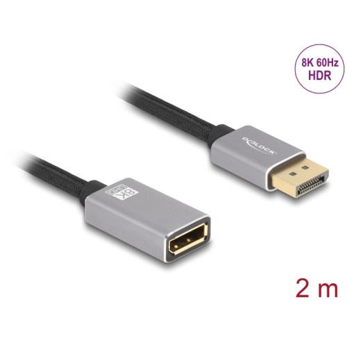 Delock DisplayPort extension cable 8K 60 Hz 2 m grey metal without latch