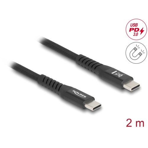 Delock USB 2.0 Cable USB Type-C™ male to male with magnetic textile jacket PD 3.0 60 W 2 m