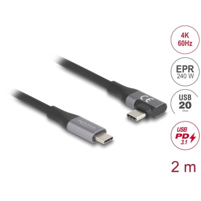 Delock USB 20 Gbps cable angled left / right USB PD 3.1 Extended Power Range 240 W 2 m