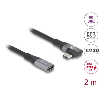 Delock USB 20 Gbps extension cable angled left / right USB PD 3.1 Extended Power Range 240 W 2 m