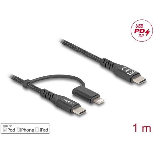 Delock USB Cable 2 in 1 USB Type-C™ to USB Type-C™ / Lightning™ for iPhone™ and iPad™ 1 m MFi 60 W