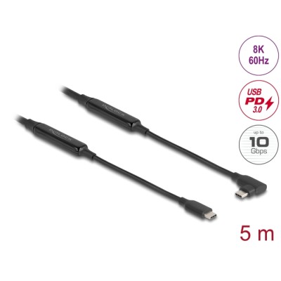 Delock Active USB 10 Gbps Cable USB Type-C™ male to male angled left / right 5 m 8K PD 60 W with E-Marker