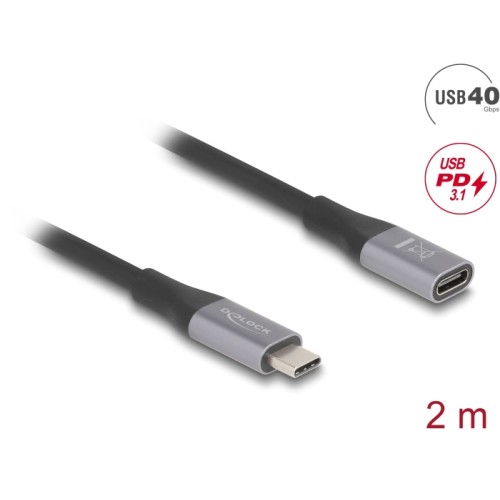 Delock USB 40 Gbps Extension Cable USB Type-C™ male to female PD 3.1 240 W 2 m grey metal