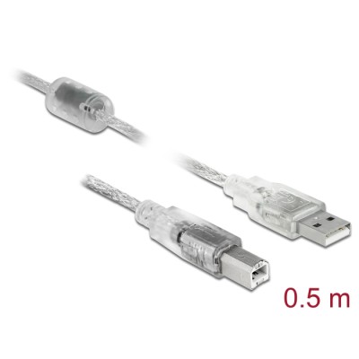 Delock Cable USB 2.0 Type-A male > USB 2.0 Type-B male 0.5 m transparent