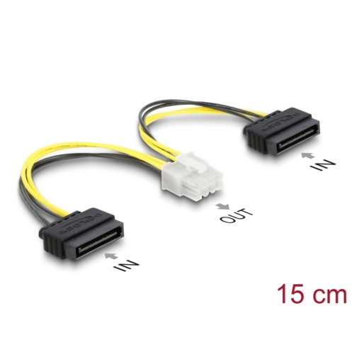 Delock Power cable 2 x 15 pin SATA plug to 8 pin EPS male 15 cm