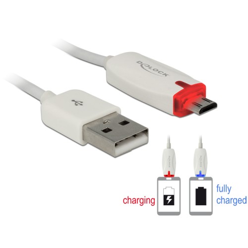 Delock Data- and power cable USB 2.0-A male  Micro USB-B male with LED indication white
