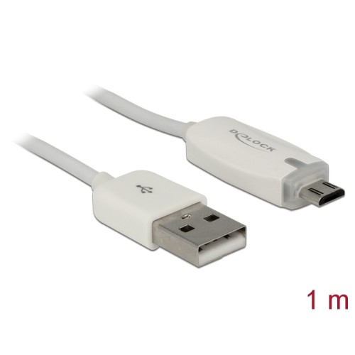 Delock Data- and power cable USB 2.0-A male > Micro USB-B male with LED indication white